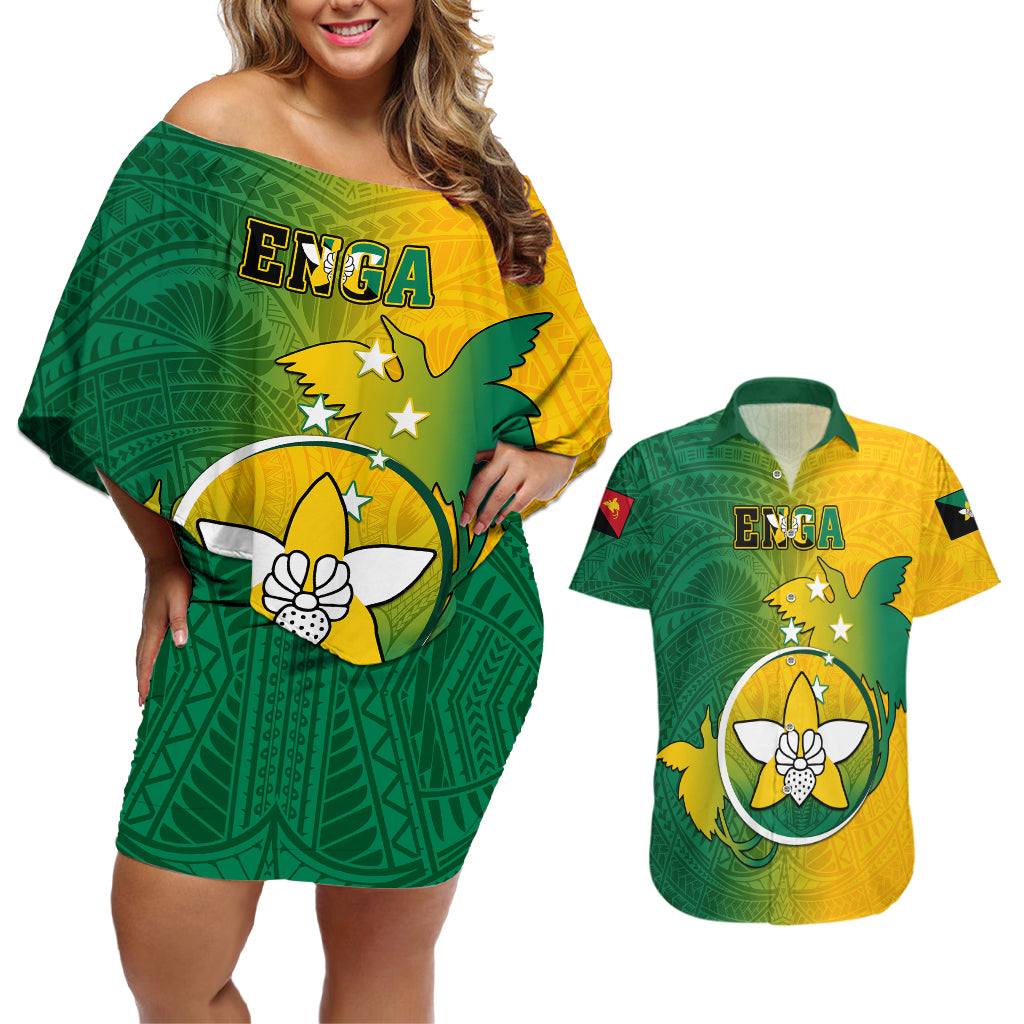 Papua New Guinea Enga Province Couples Matching Off Shoulder Short Dress and Hawaiian Shirt Mix Coat Of Arms Polynesian Pattern LT05 Green - Polynesian Pride