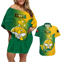 Papua New Guinea Enga Province Couples Matching Off Shoulder Short Dress and Hawaiian Shirt Mix Coat Of Arms Polynesian Pattern LT05 Green - Polynesian Pride