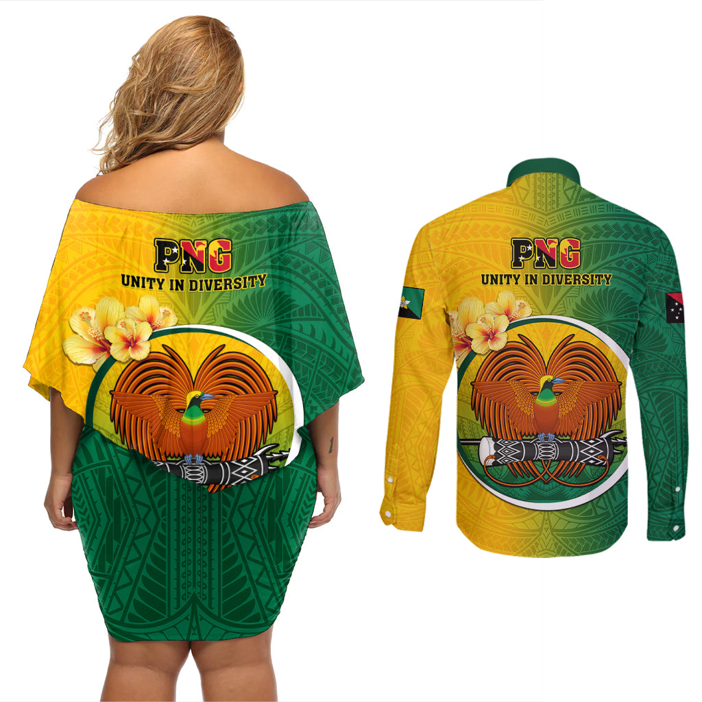 Papua New Guinea Enga Province Couples Matching Off Shoulder Short Dress and Long Sleeve Button Shirts Mix Coat Of Arms Polynesian Pattern LT05 - Polynesian Pride