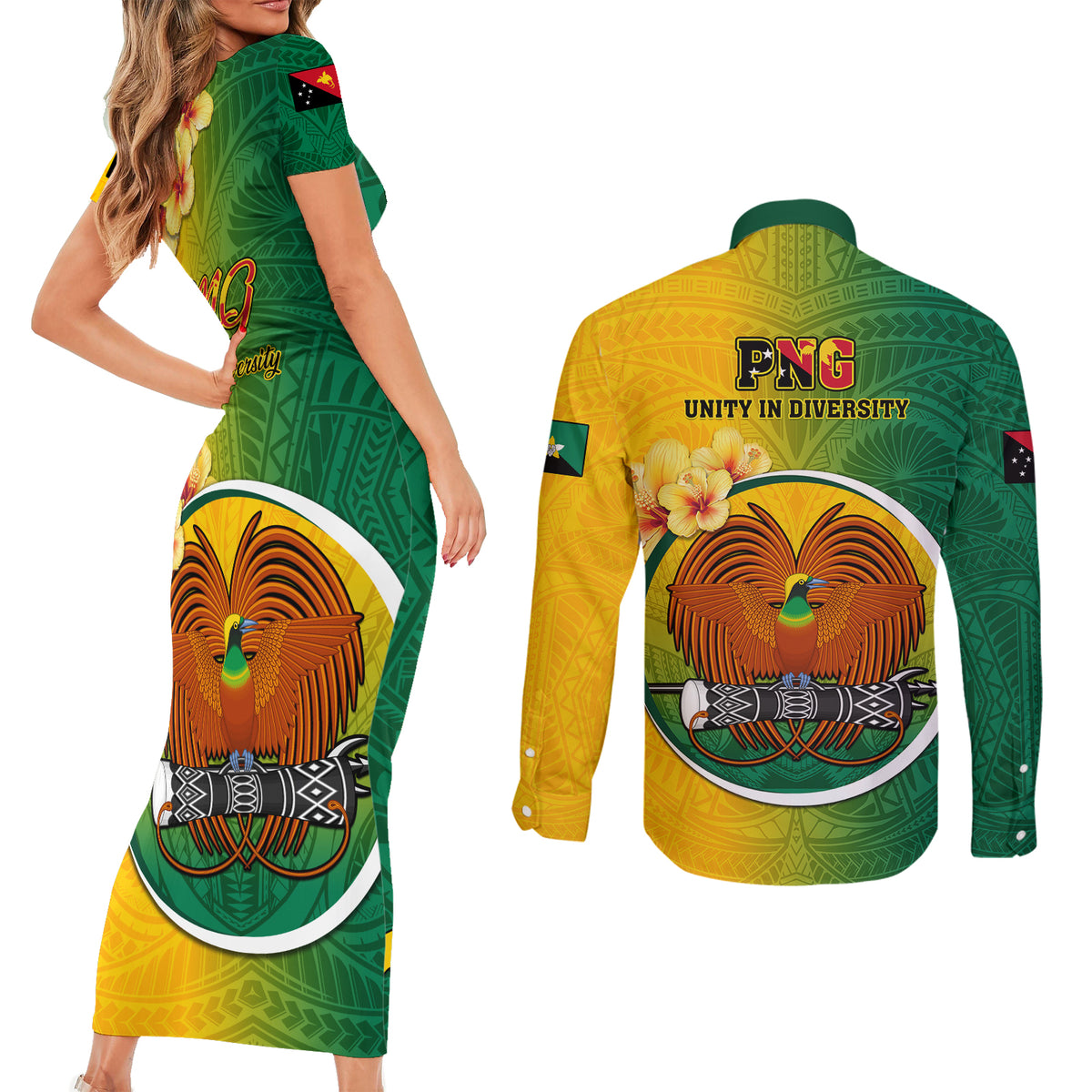 Papua New Guinea Enga Province Couples Matching Short Sleeve Bodycon Dress and Long Sleeve Button Shirts Mix Coat Of Arms Polynesian Pattern LT05 - Polynesian Pride