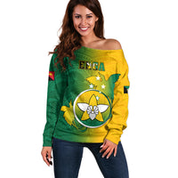 Papua New Guinea Enga Province Off Shoulder Sweater Mix Coat Of Arms Polynesian Pattern LT05 Women Green - Polynesian Pride