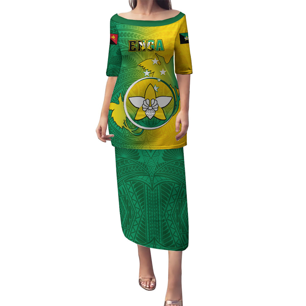 Papua New Guinea Enga Province Puletasi Mix Coat Of Arms Polynesian Pattern LT05 Long Dress Green - Polynesian Pride