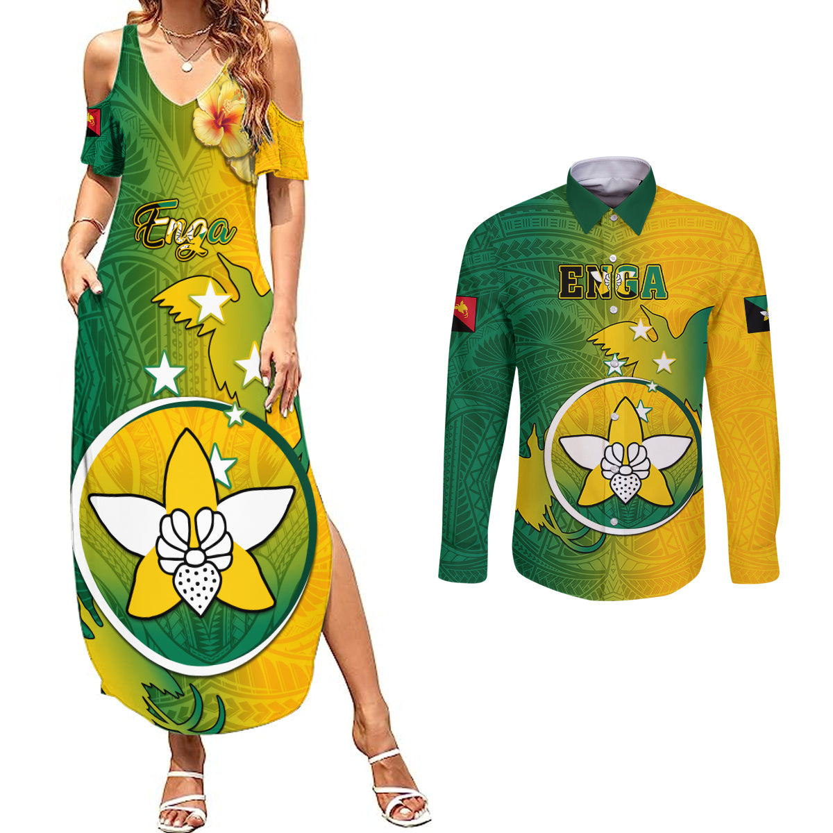 Personalized Papua New Guinea Enga Province Couples Matching Summer Maxi Dress and Long Sleeve Button Shirts Mix Coat Of Arms Polynesian Pattern LT05 Green - Polynesian Pride