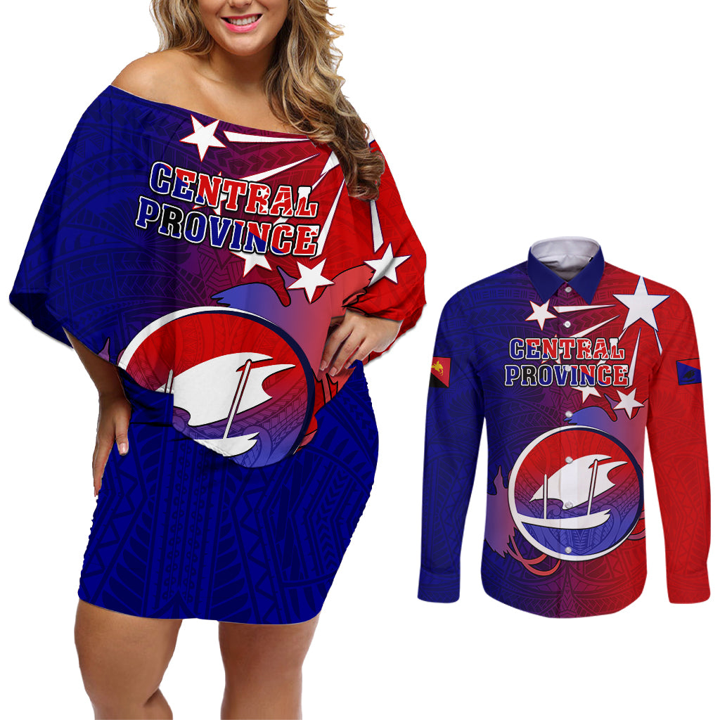 Papua New Guinea Central Province Couples Matching Off Shoulder Short Dress and Long Sleeve Button Shirts Mix Coat Of Arms Polynesian Pattern LT05 Blue - Polynesian Pride