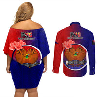 Papua New Guinea Central Province Couples Matching Off Shoulder Short Dress and Long Sleeve Button Shirts Mix Coat Of Arms Polynesian Pattern LT05 - Polynesian Pride
