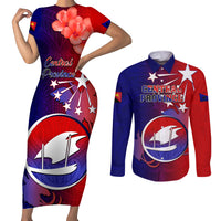 Papua New Guinea Central Province Couples Matching Short Sleeve Bodycon Dress and Long Sleeve Button Shirts Mix Coat Of Arms Polynesian Pattern LT05 Blue - Polynesian Pride