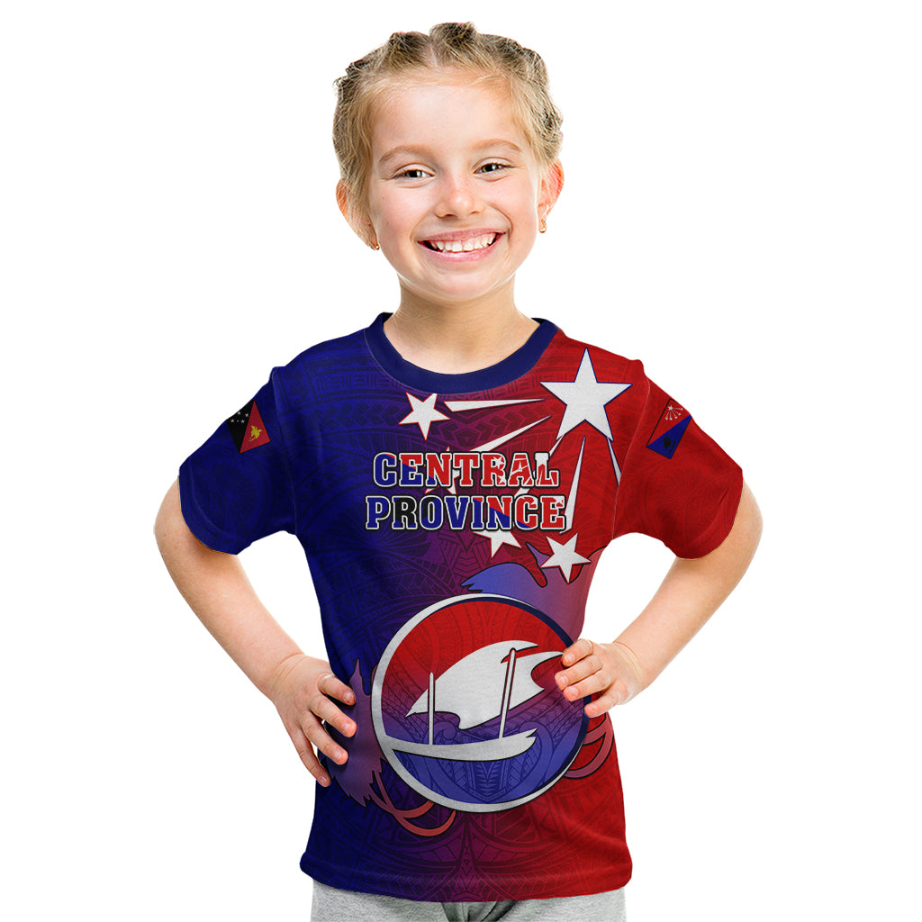 Papua New Guinea Central Province Kid T Shirt Mix Coat Of Arms Polynesian Pattern LT05 Blue - Polynesian Pride