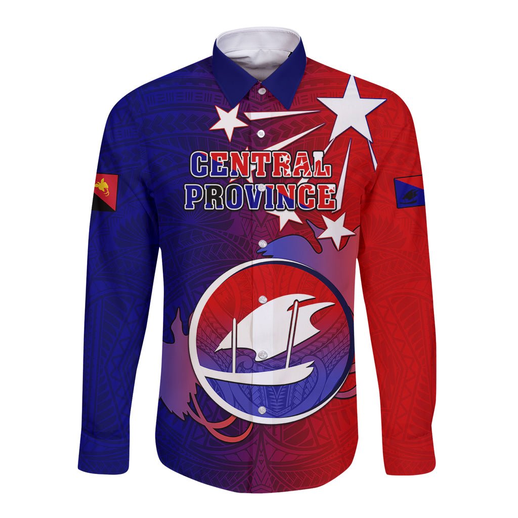 Papua New Guinea Central Province Long Sleeve Button Shirt Mix Coat Of Arms Polynesian Pattern LT05 Unisex Blue - Polynesian Pride