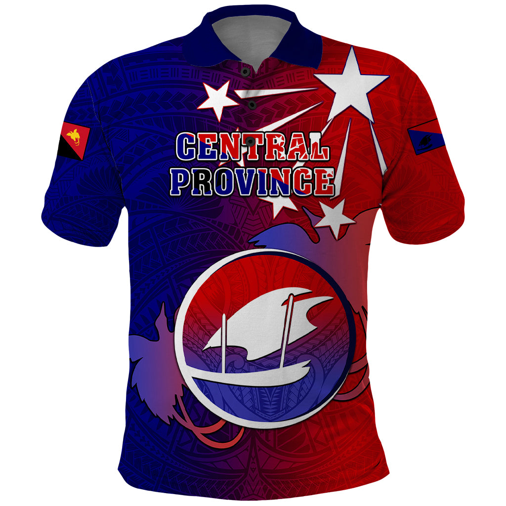 Papua New Guinea Central Province Polo Shirt Mix Coat Of Arms Polynesian Pattern LT05 Blue - Polynesian Pride