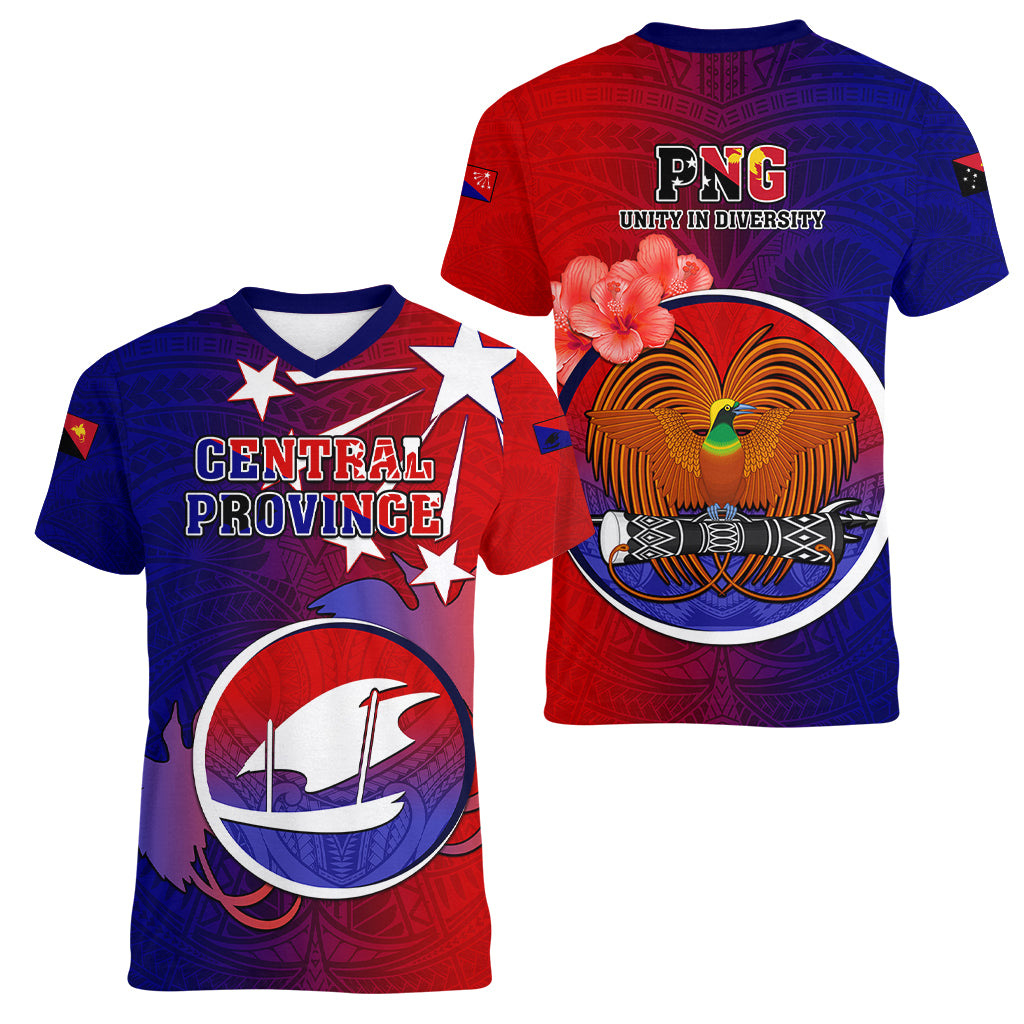 Papua New Guinea Central Province Women V Neck T Shirt Mix Coat Of Arms Polynesian Pattern LT05 - Polynesian Pride