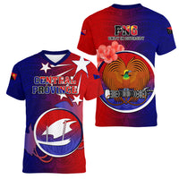 Papua New Guinea Central Province Women V Neck T Shirt Mix Coat Of Arms Polynesian Pattern LT05 - Polynesian Pride