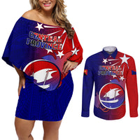 Personalized Papua New Guinea Central Province Couples Matching Off Shoulder Short Dress and Long Sleeve Button Shirts Mix Coat Of Arms Polynesian Pattern LT05 Blue - Polynesian Pride