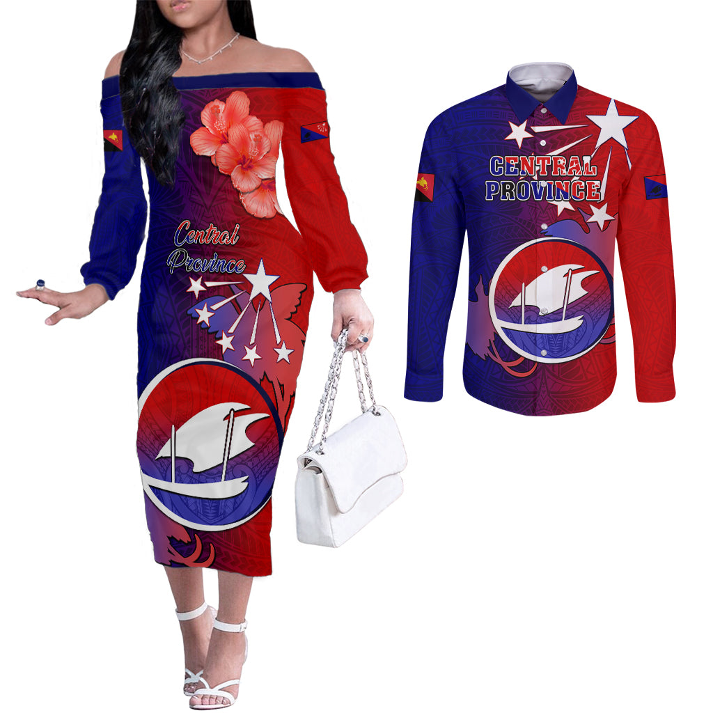 Personalized Papua New Guinea Central Province Couples Matching Off The Shoulder Long Sleeve Dress and Long Sleeve Button Shirts Mix Coat Of Arms Polynesian Pattern LT05 Blue - Polynesian Pride