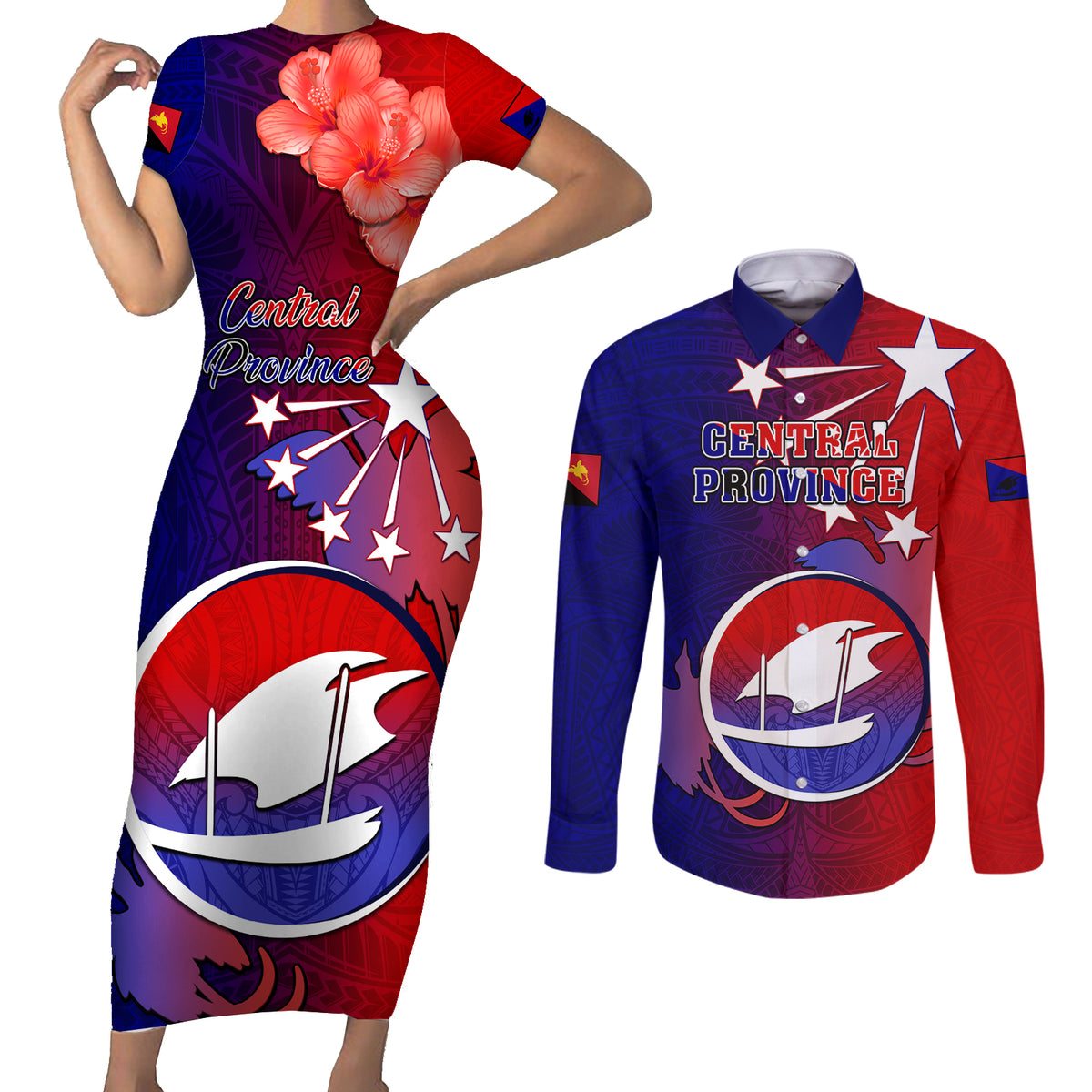 Personalized Papua New Guinea Central Province Couples Matching Short Sleeve Bodycon Dress and Long Sleeve Button Shirts Mix Coat Of Arms Polynesian Pattern LT05 Blue - Polynesian Pride