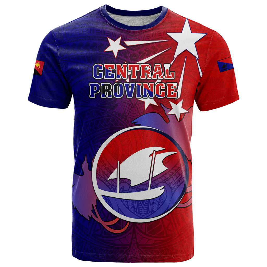 Personalized Papua New Guinea Central Province T Shirt Mix Coat Of Arms Polynesian Pattern LT05 Blue - Polynesian Pride