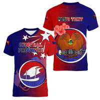 Personalized Papua New Guinea Central Province Women V Neck T Shirt Mix Coat Of Arms Polynesian Pattern LT05 - Polynesian Pride