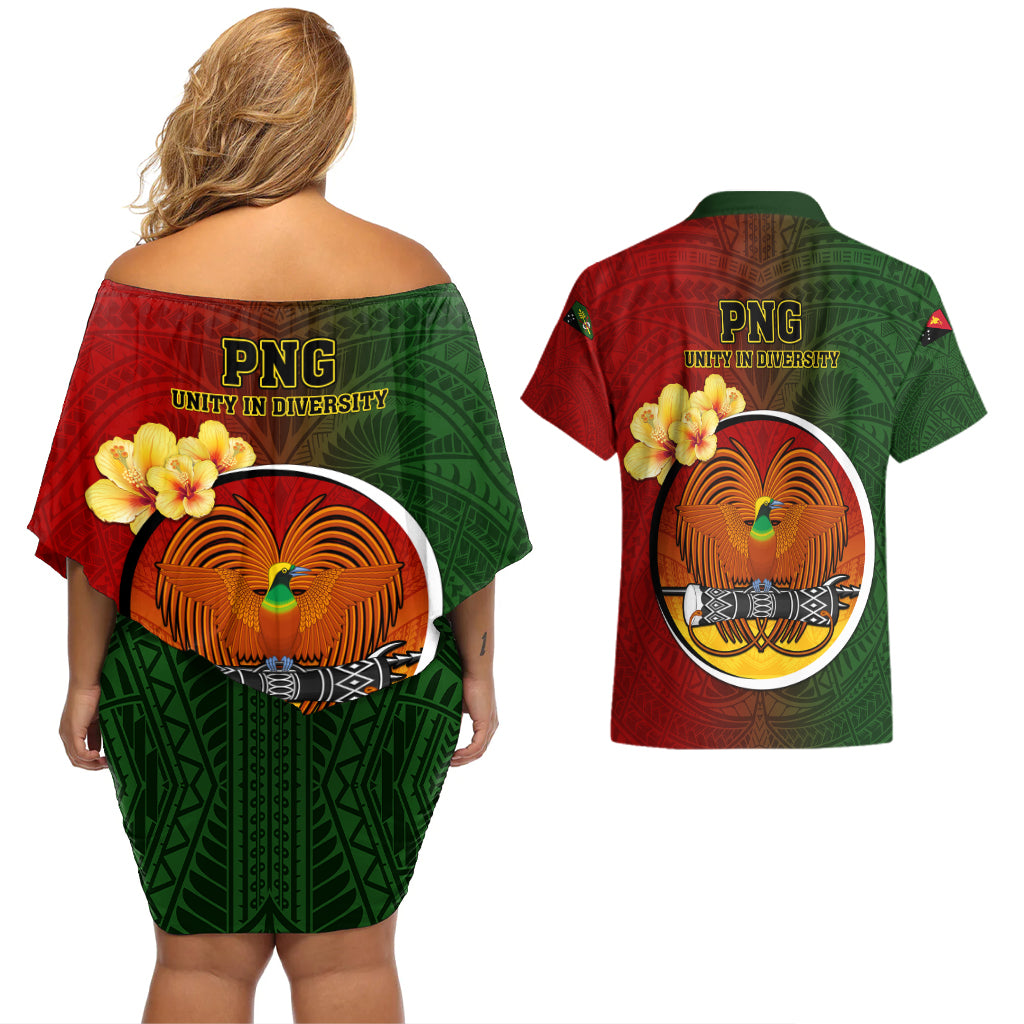 Papua New Guinea Chimbu Province Couples Matching Off Shoulder Short Dress and Hawaiian Shirt Mix Coat Of Arms Polynesian Pattern LT05 - Polynesian Pride