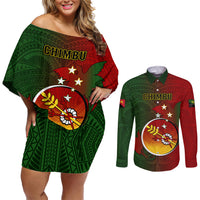 Papua New Guinea Chimbu Province Couples Matching Off Shoulder Short Dress and Long Sleeve Button Shirts Mix Coat Of Arms Polynesian Pattern LT05 Red - Polynesian Pride