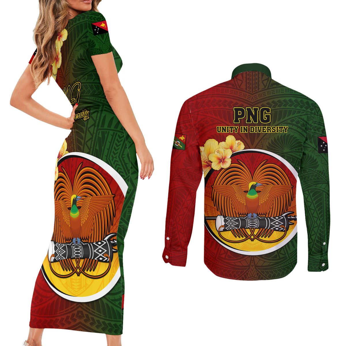 Papua New Guinea Chimbu Province Couples Matching Short Sleeve Bodycon Dress and Long Sleeve Button Shirts Mix Coat Of Arms Polynesian Pattern LT05 - Polynesian Pride