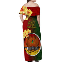Papua New Guinea Chimbu Province Off Shoulder Maxi Dress Mix Coat Of Arms Polynesian Pattern LT05 - Polynesian Pride
