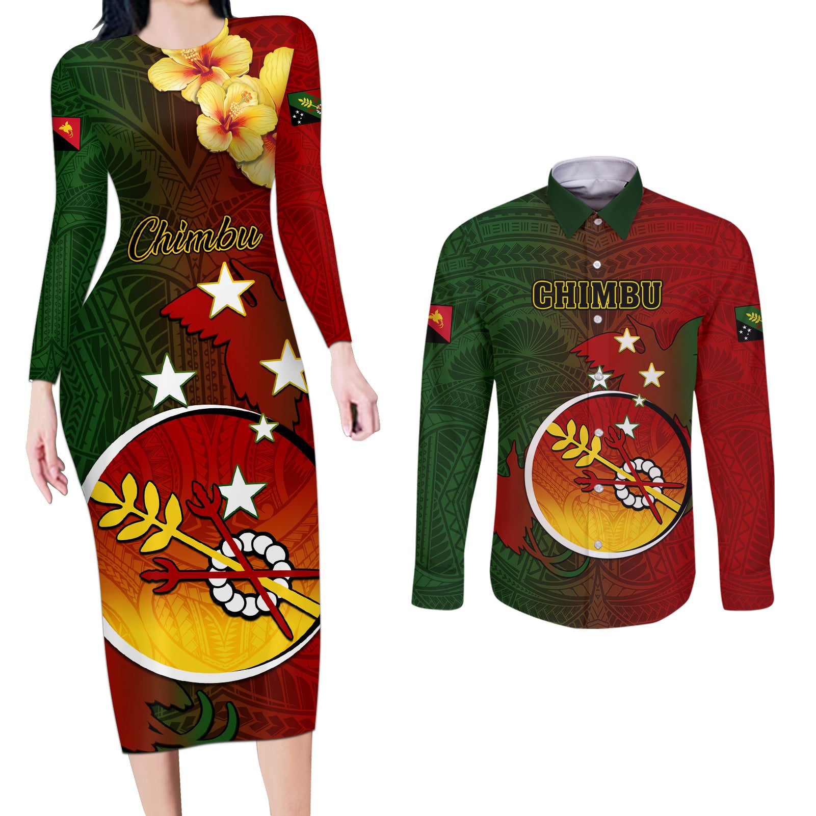 Personalized Papua New Guinea Chimbu Province Couples Matching Long Sleeve Bodycon Dress and Long Sleeve Button Shirts Mix Coat Of Arms Polynesian Pattern LT05 Red - Polynesian Pride