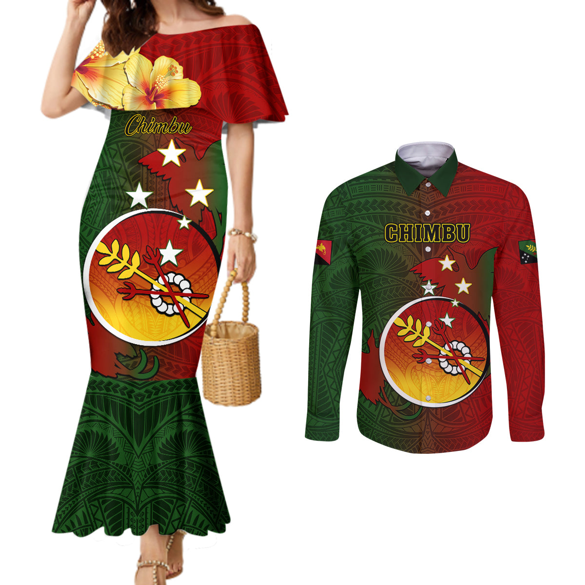 Personalized Papua New Guinea Chimbu Province Couples Matching Mermaid Dress and Long Sleeve Button Shirts Mix Coat Of Arms Polynesian Pattern LT05 Red - Polynesian Pride