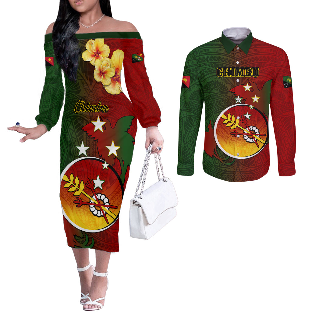 Personalized Papua New Guinea Chimbu Province Couples Matching Off The Shoulder Long Sleeve Dress and Long Sleeve Button Shirts Mix Coat Of Arms Polynesian Pattern LT05 Red - Polynesian Pride