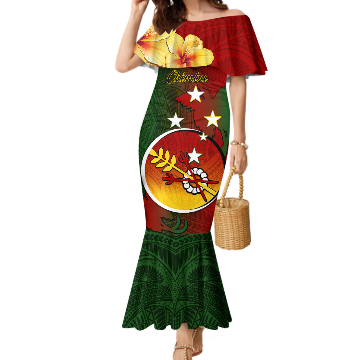 Personalized Papua New Guinea Chimbu Province Mermaid Dress Mix Coat Of Arms Polynesian Pattern LT05 Women Red - Polynesian Pride