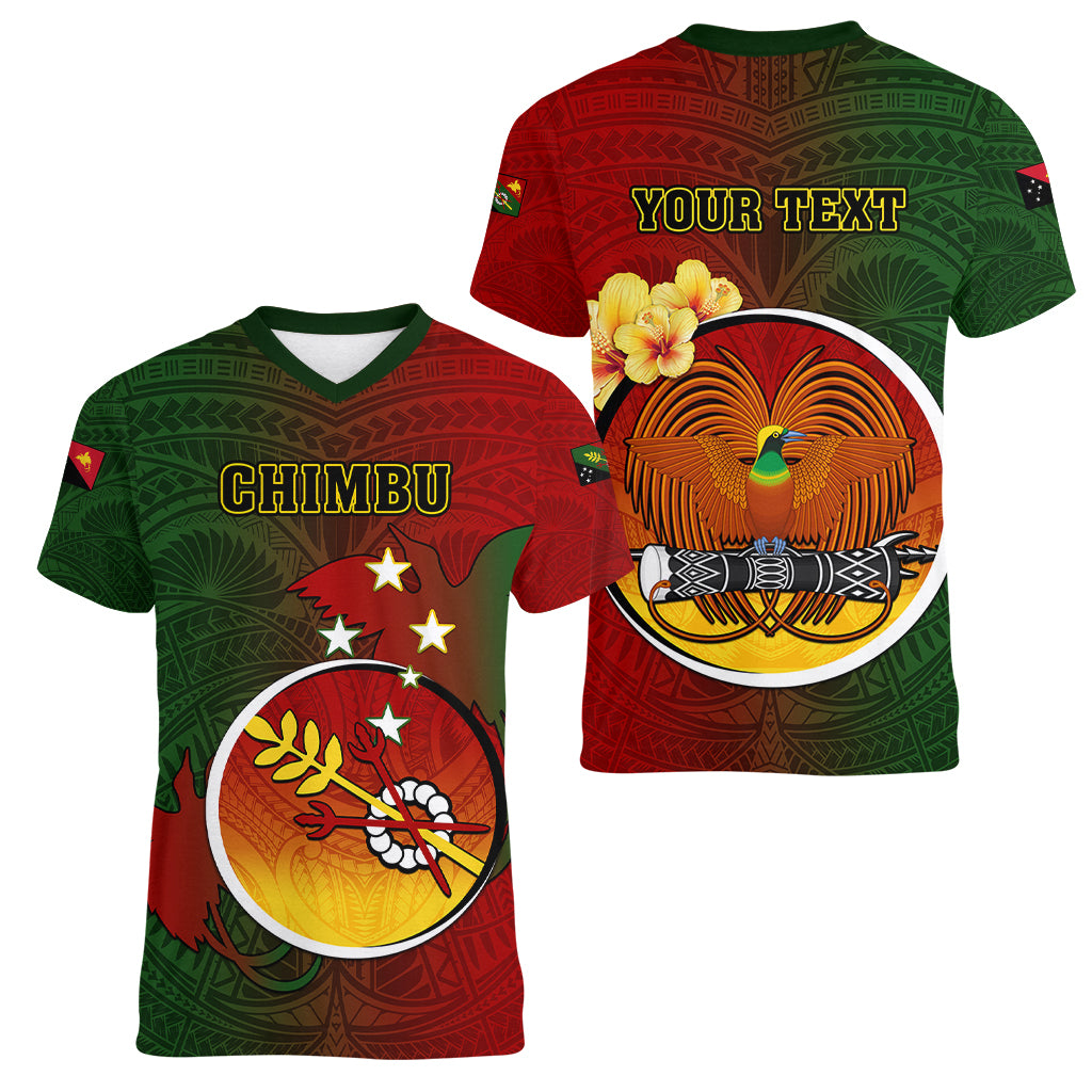 Personalized Papua New Guinea Chimbu Province Women V Neck T Shirt Mix Coat Of Arms Polynesian Pattern LT05 - Polynesian Pride