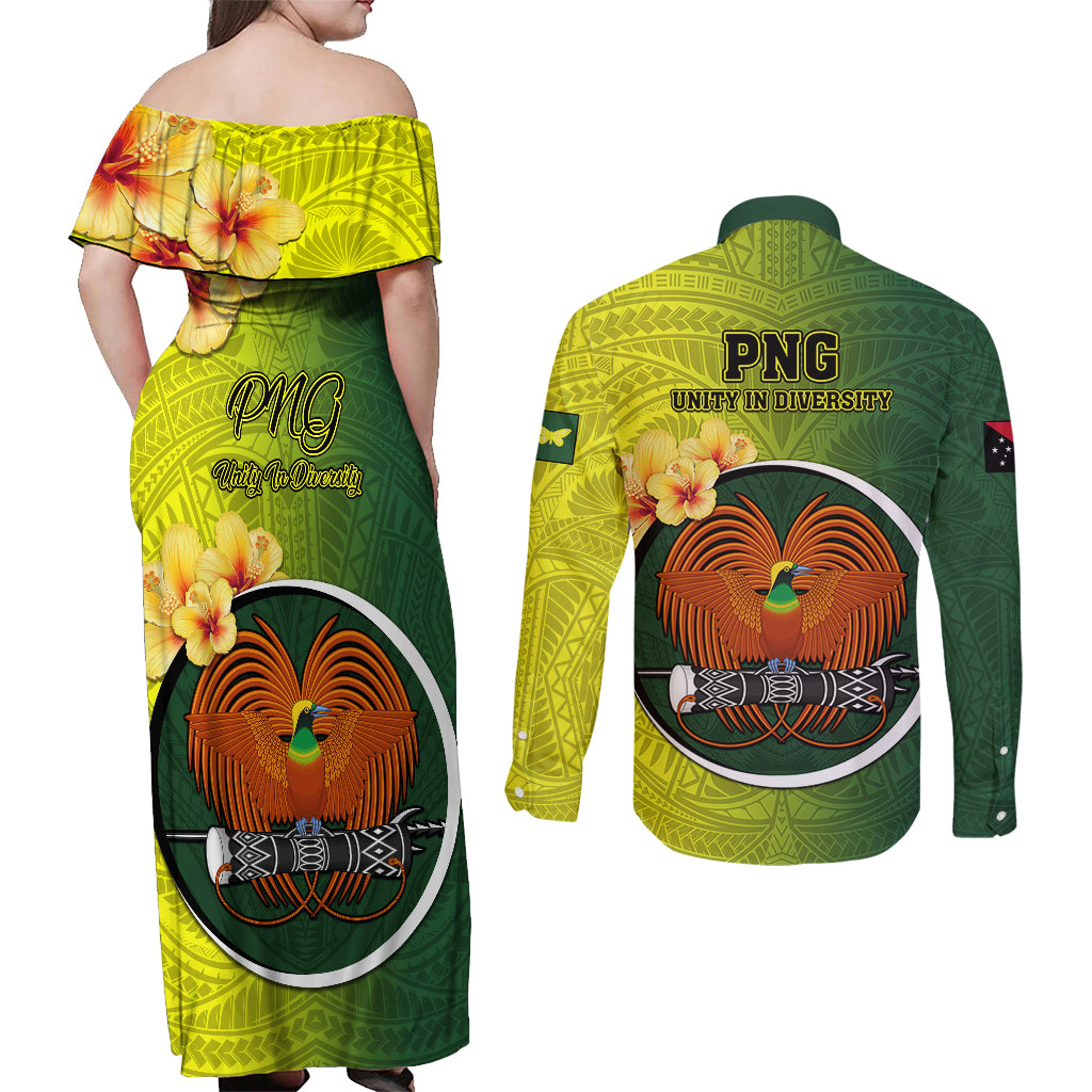 Papua New Guinea Oro Province Couples Matching Off Shoulder Maxi Dress and Long Sleeve Button Shirts Mix Coat Of Arms Polynesian Pattern LT05 - Polynesian Pride