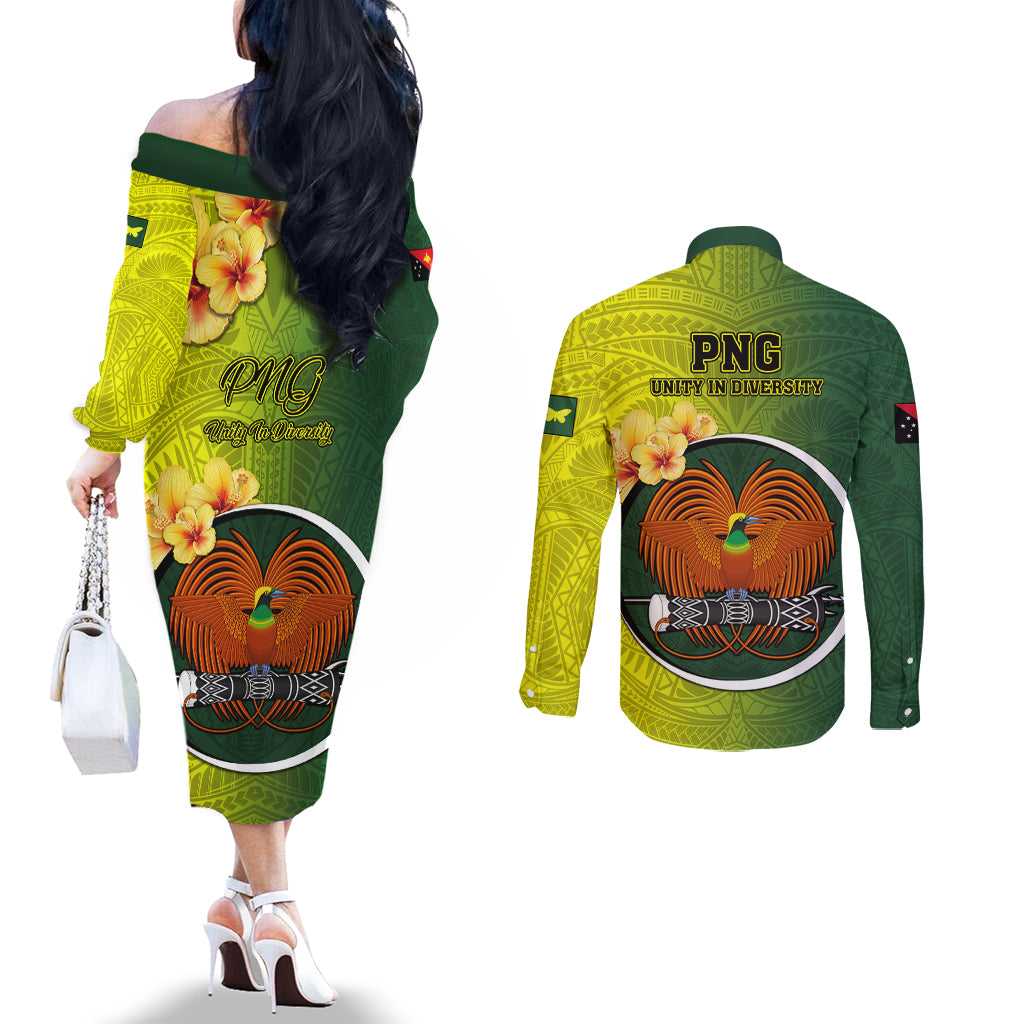 Papua New Guinea Oro Province Couples Matching Off The Shoulder Long Sleeve Dress and Long Sleeve Button Shirts Mix Coat Of Arms Polynesian Pattern LT05 - Polynesian Pride