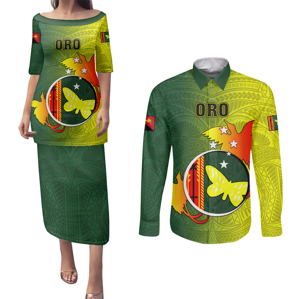 Papua New Guinea Oro Province Couples Matching Puletasi Dress and Long Sleeve Button Shirts Mix Coat Of Arms Polynesian Pattern LT05 Yellow - Polynesian Pride