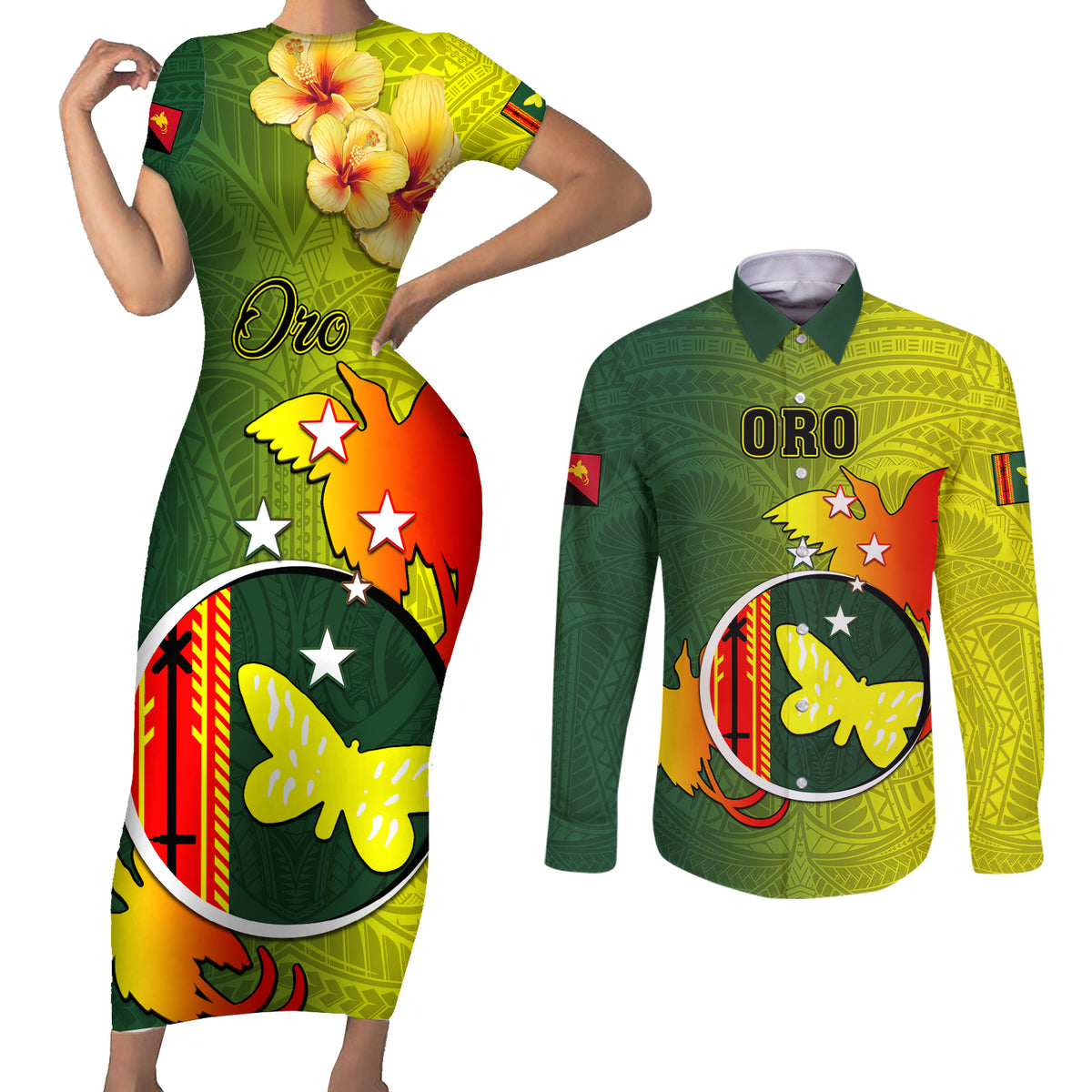 Papua New Guinea Oro Province Couples Matching Short Sleeve Bodycon Dress and Long Sleeve Button Shirts Mix Coat Of Arms Polynesian Pattern LT05 Yellow - Polynesian Pride