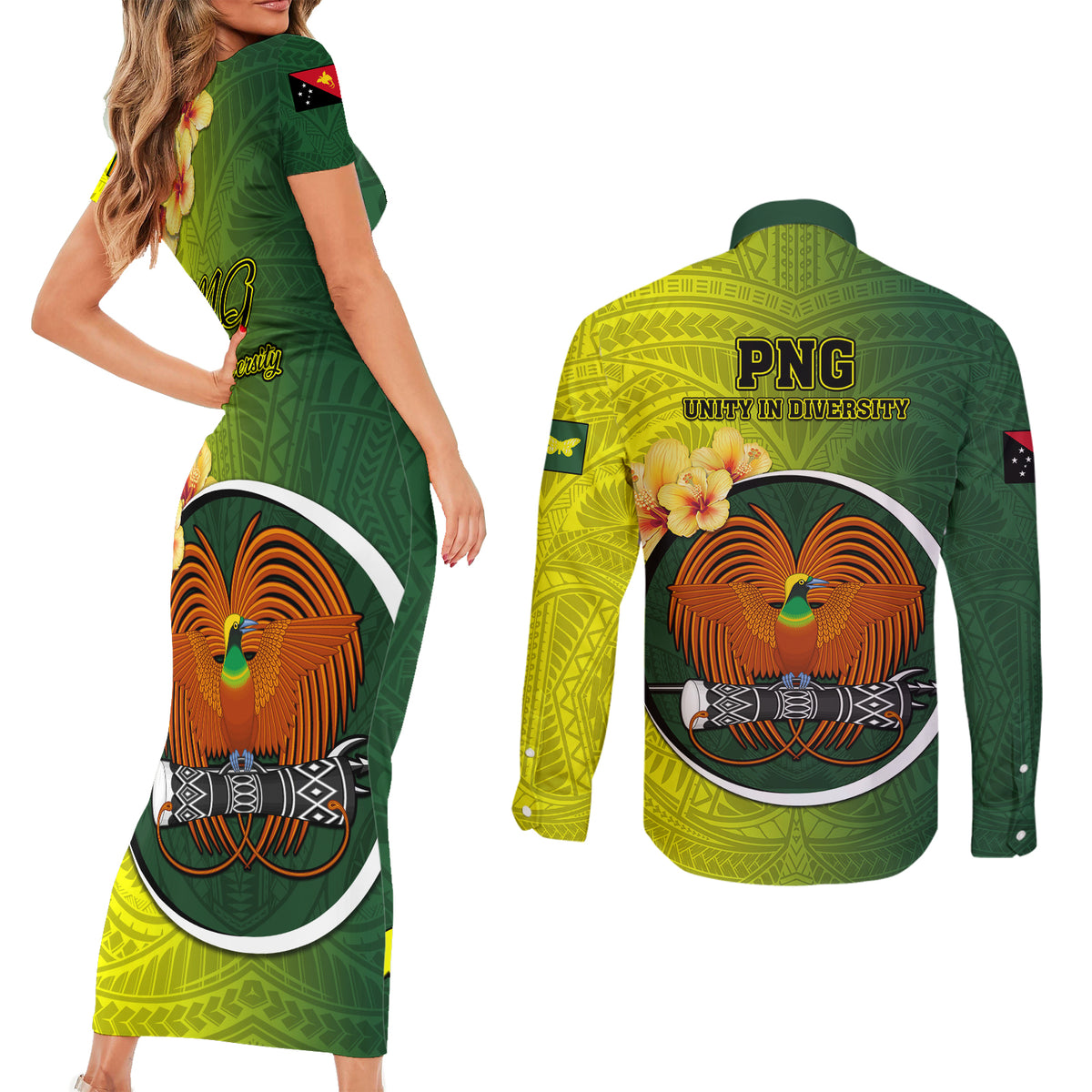 Papua New Guinea Oro Province Couples Matching Short Sleeve Bodycon Dress and Long Sleeve Button Shirts Mix Coat Of Arms Polynesian Pattern LT05 - Polynesian Pride