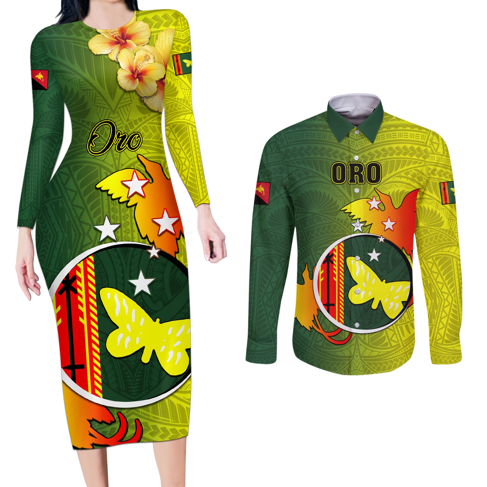 Personalized Papua New Guinea Oro Province Couples Matching Long Sleeve Bodycon Dress and Long Sleeve Button Shirts Mix Coat Of Arms Polynesian Pattern LT05 Yellow - Polynesian Pride