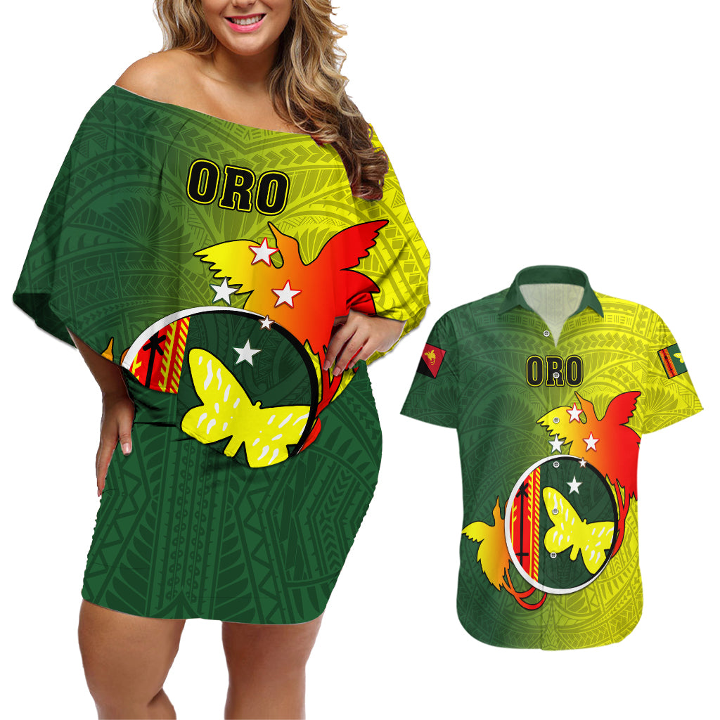 Personalized Papua New Guinea Oro Province Couples Matching Off Shoulder Short Dress and Hawaiian Shirt Mix Coat Of Arms Polynesian Pattern LT05 Yellow - Polynesian Pride