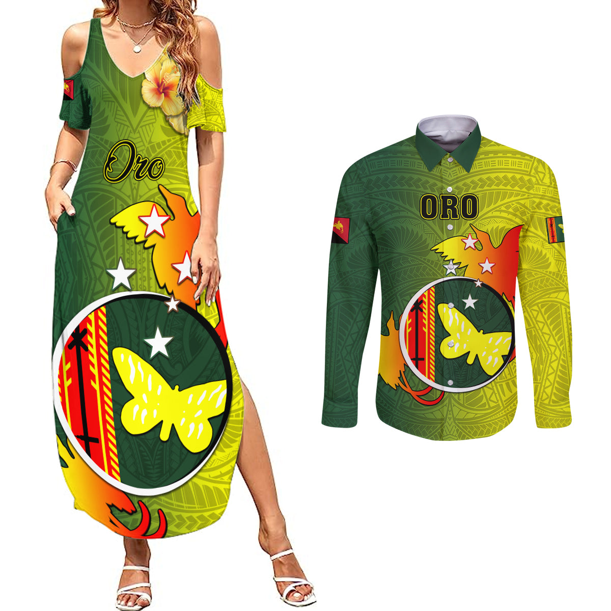 Personalized Papua New Guinea Oro Province Couples Matching Summer Maxi Dress and Long Sleeve Button Shirts Mix Coat Of Arms Polynesian Pattern LT05 Yellow - Polynesian Pride