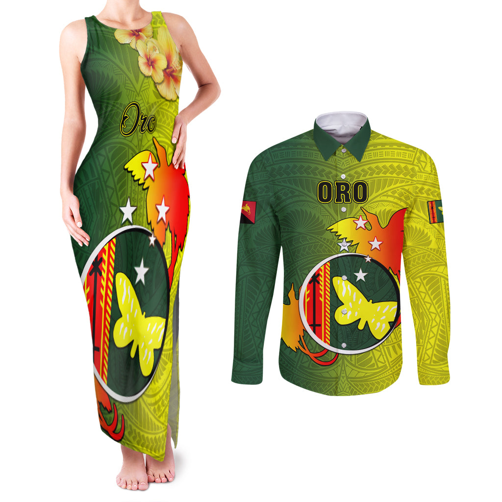 Personalized Papua New Guinea Oro Province Couples Matching Tank Maxi Dress and Long Sleeve Button Shirts Mix Coat Of Arms Polynesian Pattern LT05 Yellow - Polynesian Pride