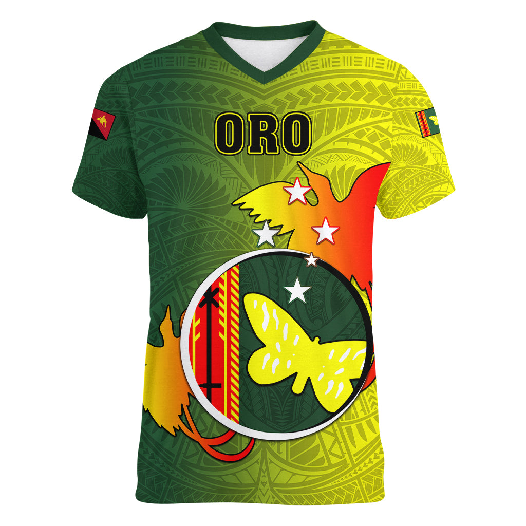 Personalized Papua New Guinea Oro Province Women V Neck T Shirt Mix Coat Of Arms Polynesian Pattern LT05 Female Yellow - Polynesian Pride