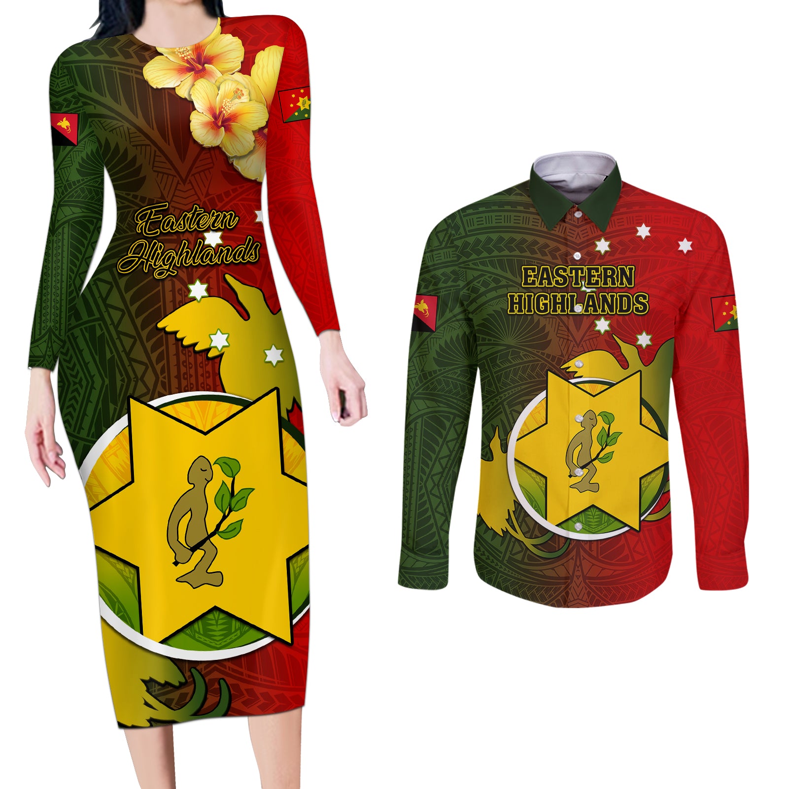 Papua New Guinea Eastern Highlands Province Couples Matching Long Sleeve Bodycon Dress and Long Sleeve Button Shirts Mix Coat Of Arms Polynesian Pattern LT05 Red - Polynesian Pride