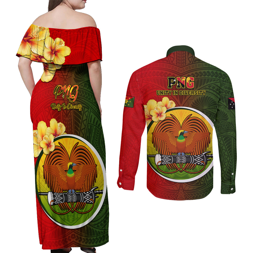 Papua New Guinea Eastern Highlands Province Couples Matching Off Shoulder Maxi Dress and Long Sleeve Button Shirts Mix Coat Of Arms Polynesian Pattern LT05 - Polynesian Pride