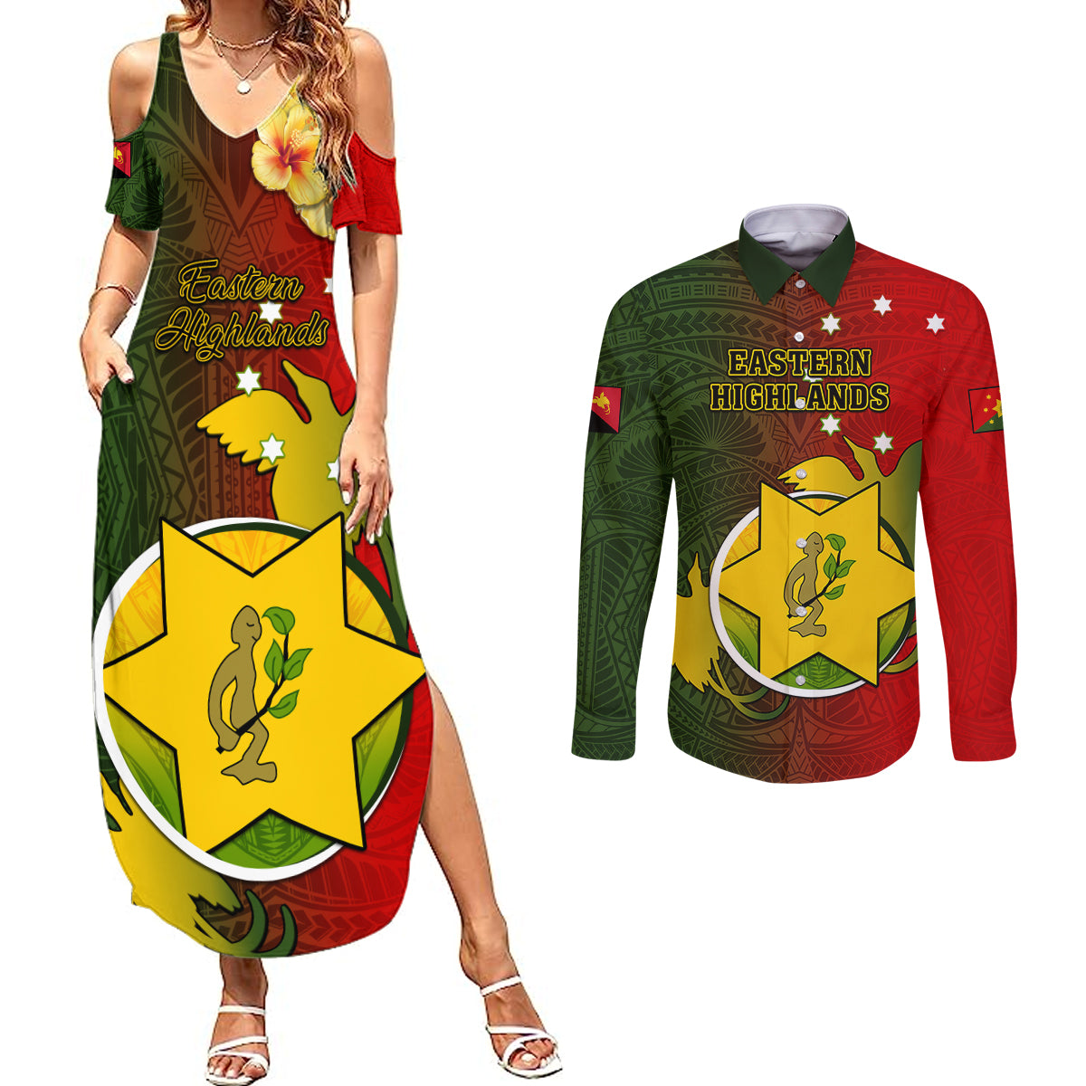 Papua New Guinea Eastern Highlands Province Couples Matching Summer Maxi Dress and Long Sleeve Button Shirts Mix Coat Of Arms Polynesian Pattern LT05 Red - Polynesian Pride