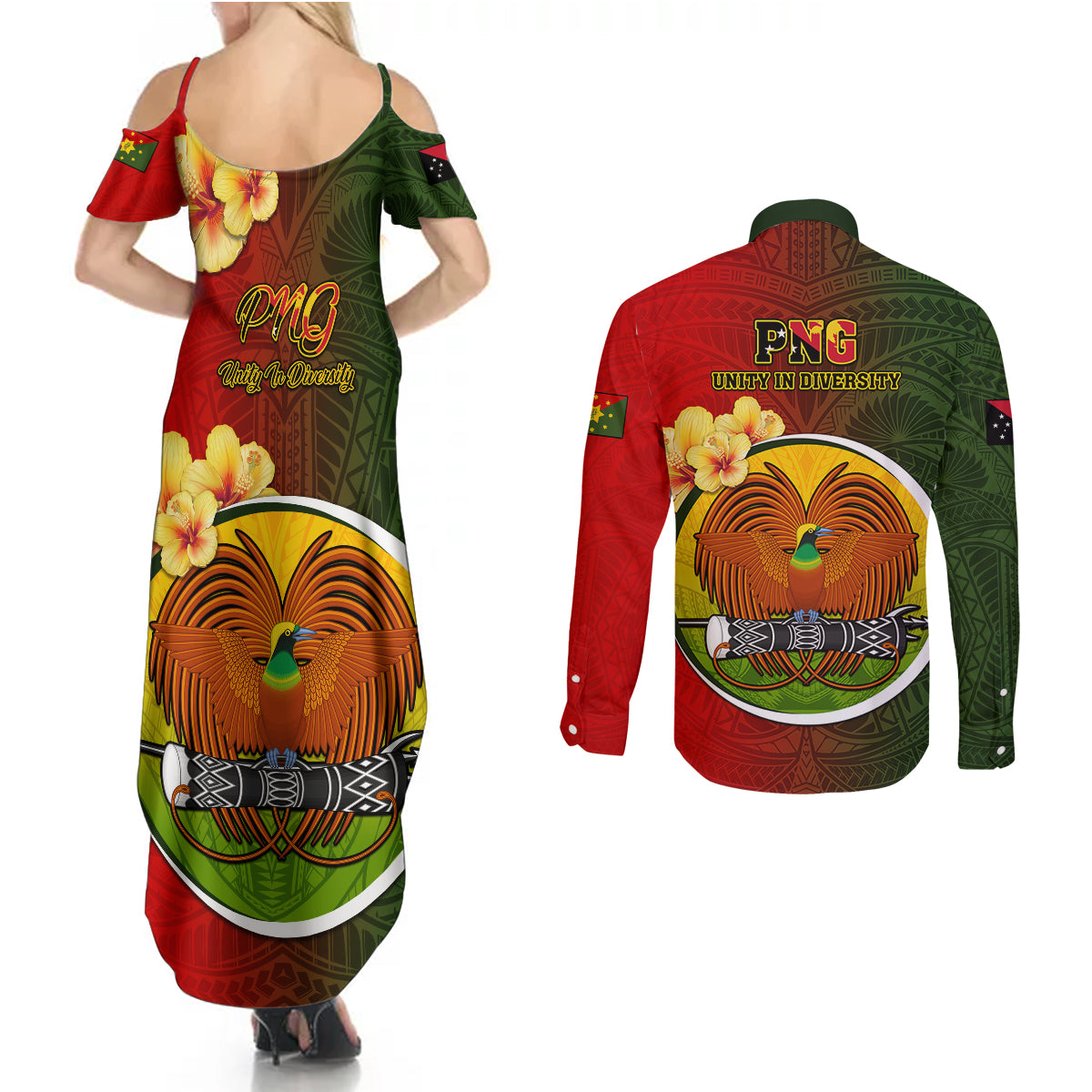 Papua New Guinea Eastern Highlands Province Couples Matching Summer Maxi Dress and Long Sleeve Button Shirts Mix Coat Of Arms Polynesian Pattern LT05 - Polynesian Pride