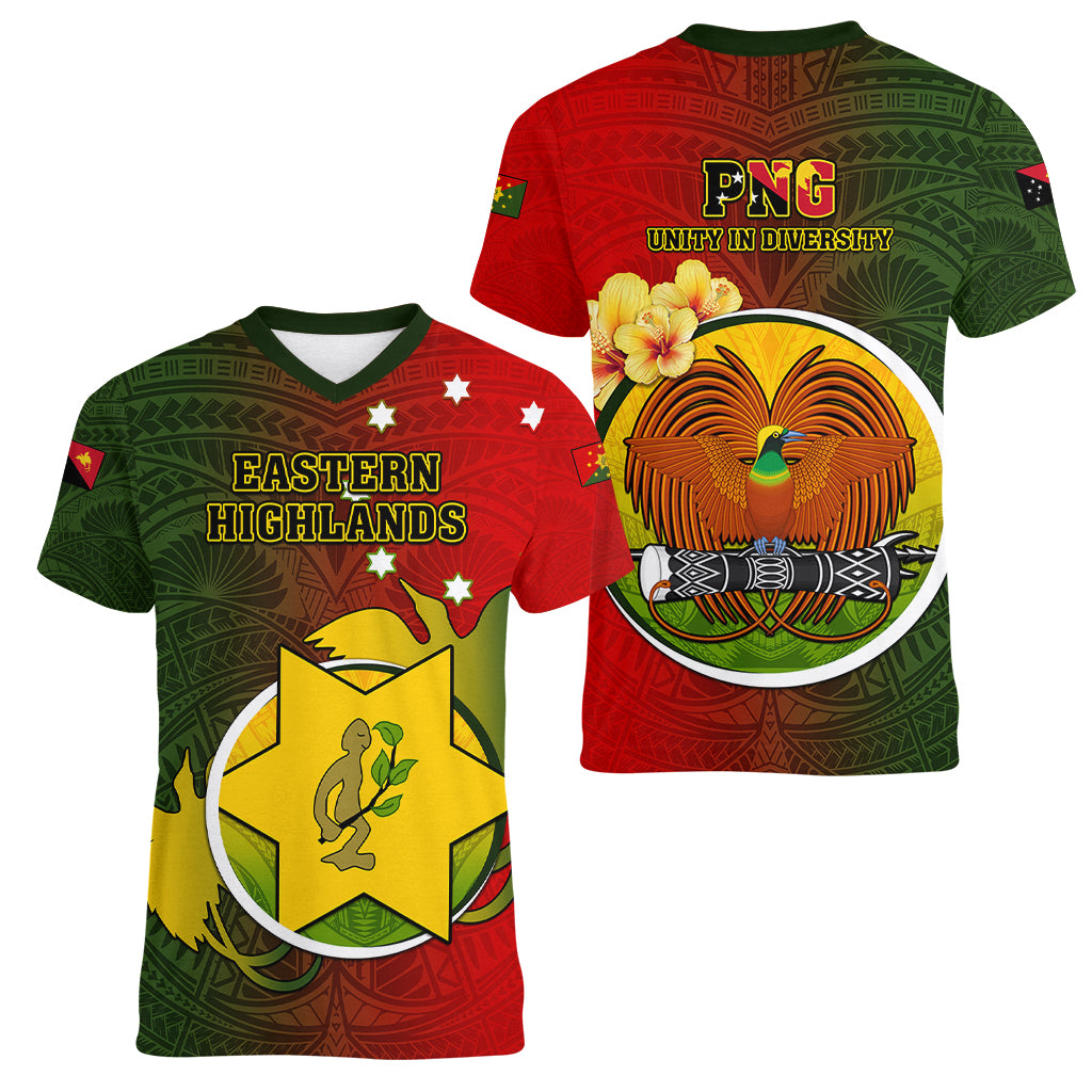 Papua New Guinea Eastern Highlands Province Women V Neck T Shirt Mix Coat Of Arms Polynesian Pattern LT05 - Polynesian Pride