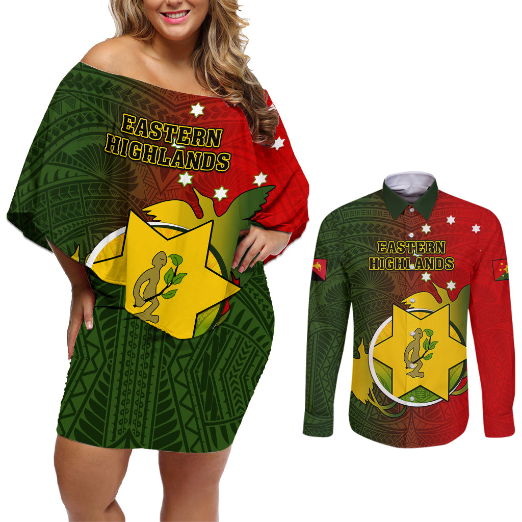 Personalized Papua New Guinea Eastern Highlands Province Couples Matching Off Shoulder Short Dress and Long Sleeve Button Shirts Mix Coat Of Arms Polynesian Pattern LT05 Red - Polynesian Pride