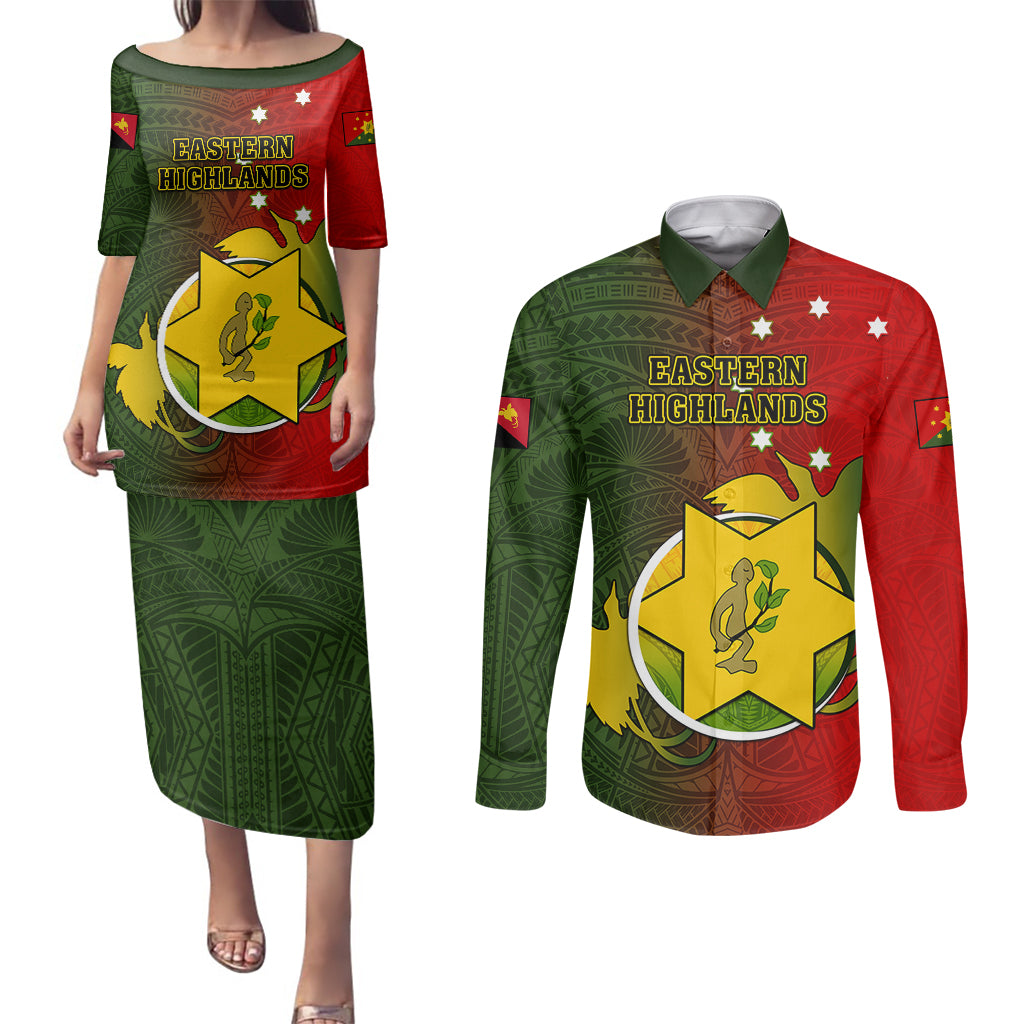 Personalized Papua New Guinea Eastern Highlands Province Couples Matching Puletasi Dress and Long Sleeve Button Shirts Mix Coat Of Arms Polynesian Pattern LT05 Red - Polynesian Pride