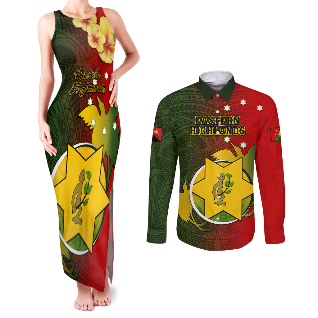 Personalized Papua New Guinea Eastern Highlands Province Couples Matching Tank Maxi Dress and Long Sleeve Button Shirts Mix Coat Of Arms Polynesian Pattern LT05 Red - Polynesian Pride