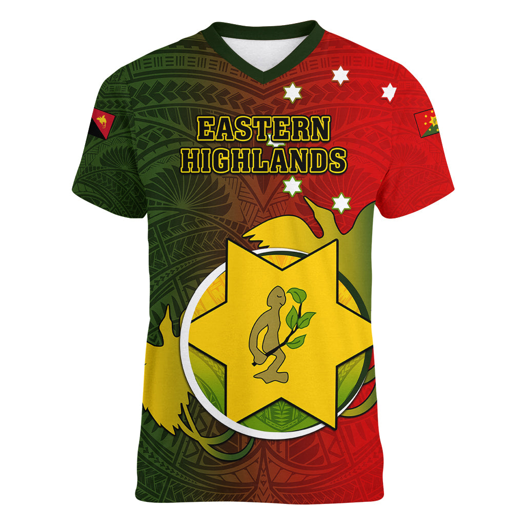 Personalized Papua New Guinea Eastern Highlands Province Women V Neck T Shirt Mix Coat Of Arms Polynesian Pattern LT05 Female Red - Polynesian Pride