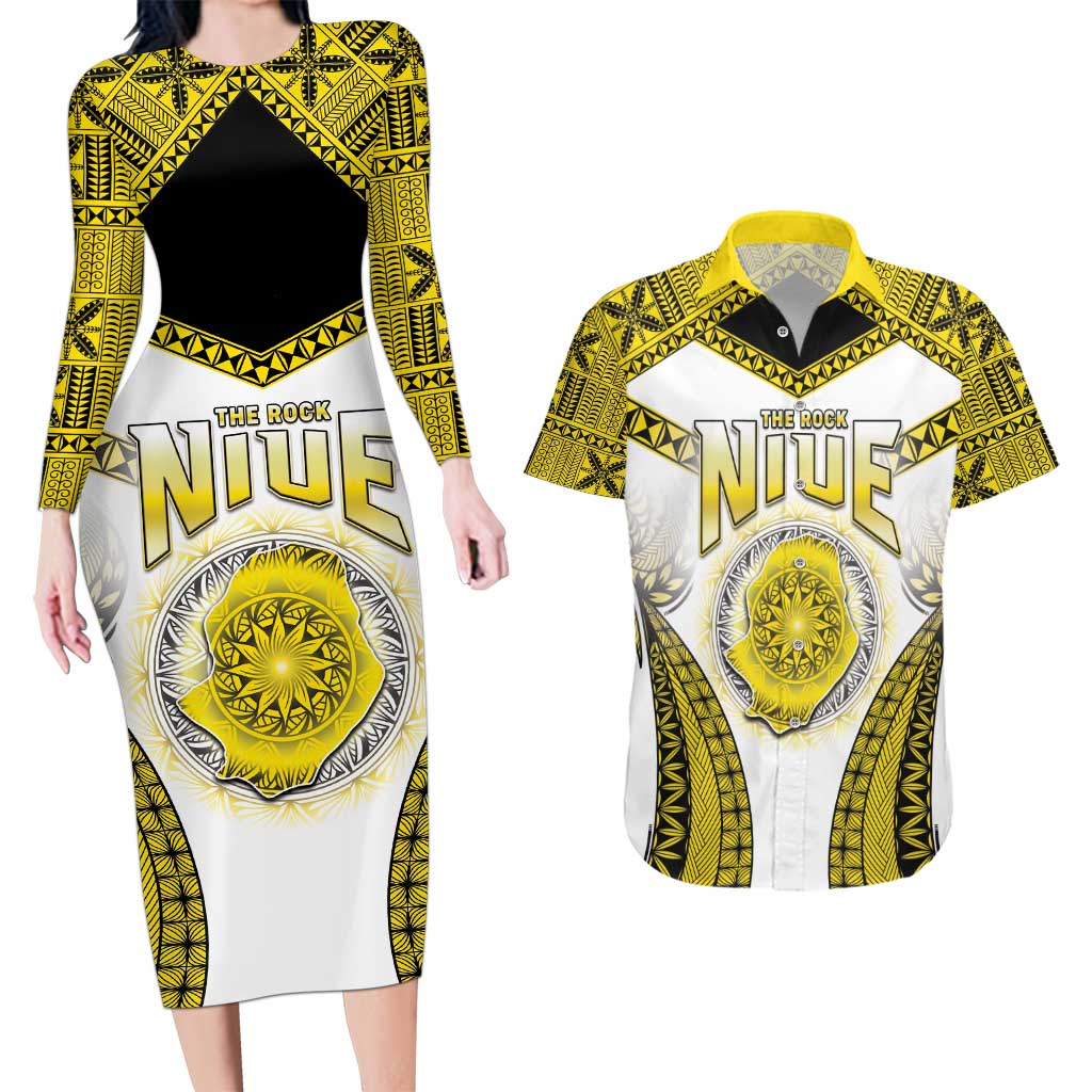 Personalised Niue The Rock Of Polynesia Couples Matching Long Sleeve Bodycon Dress and Hawaiian Shirt Peniamina Gospel Day Yellow Version