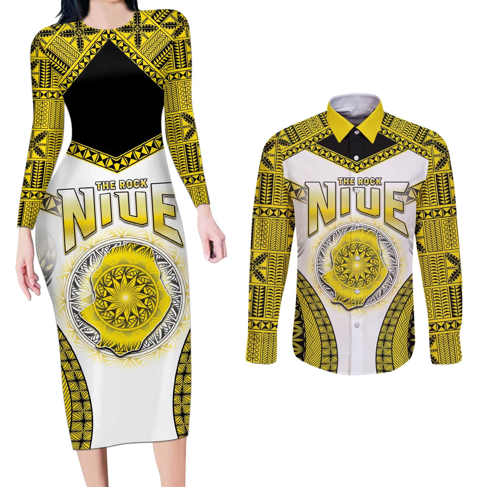 Personalised Niue The Rock Of Polynesia Couples Matching Long Sleeve Bodycon Dress and Long Sleeve Button Shirt Peniamina Gospel Day Yellow Version